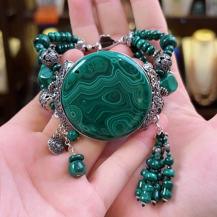 孔雀石手链银S925镶嵌手链