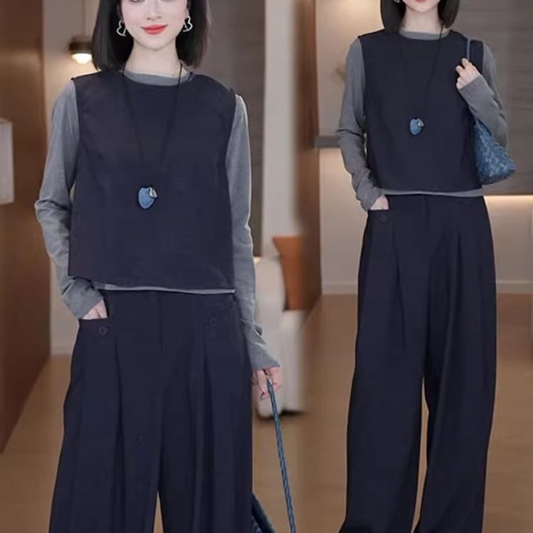 时尚高级感三件套女春秋洋气马甲长袖打底衫显瘦阔腿裤子减龄套装
