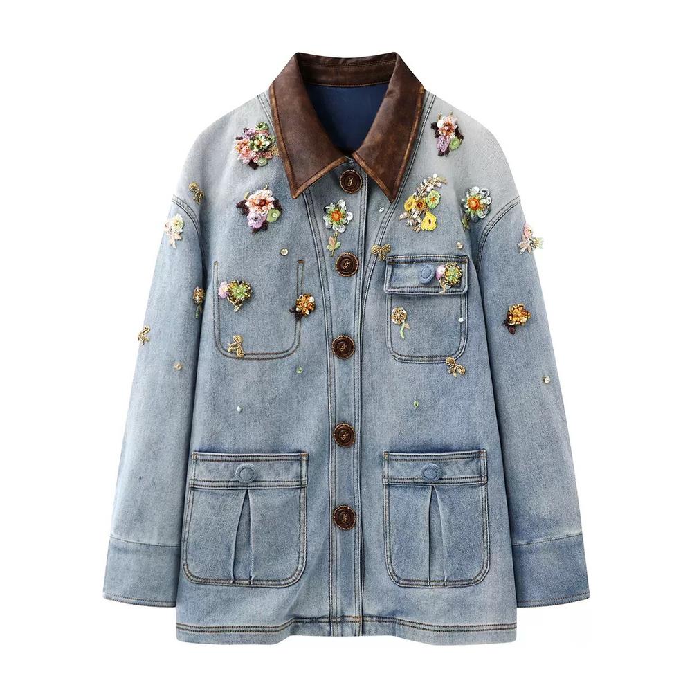 复古精致！2025冬季新款廓形巴恩风花朵装饰牛仔棉服外套女Z5544