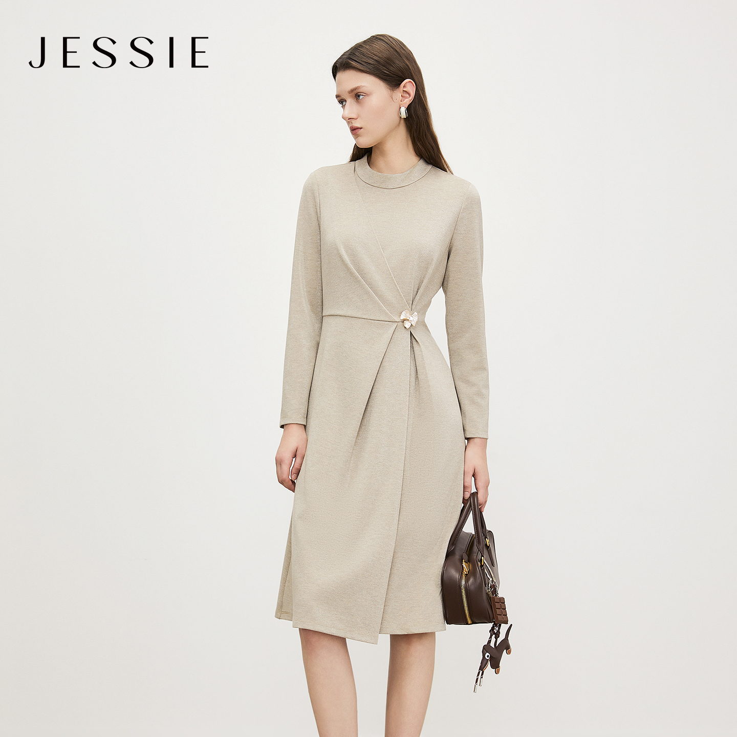 【粉丝专属】JESSIE优雅气质收腰连衣裙女圆领长袖收褶A字中长裙25