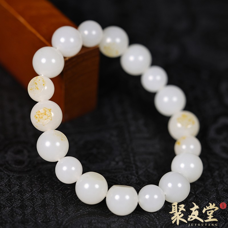 W110聚友堂王伟玉雕12mm新疆和田玉籽料洒金皮圆珠手链手串862