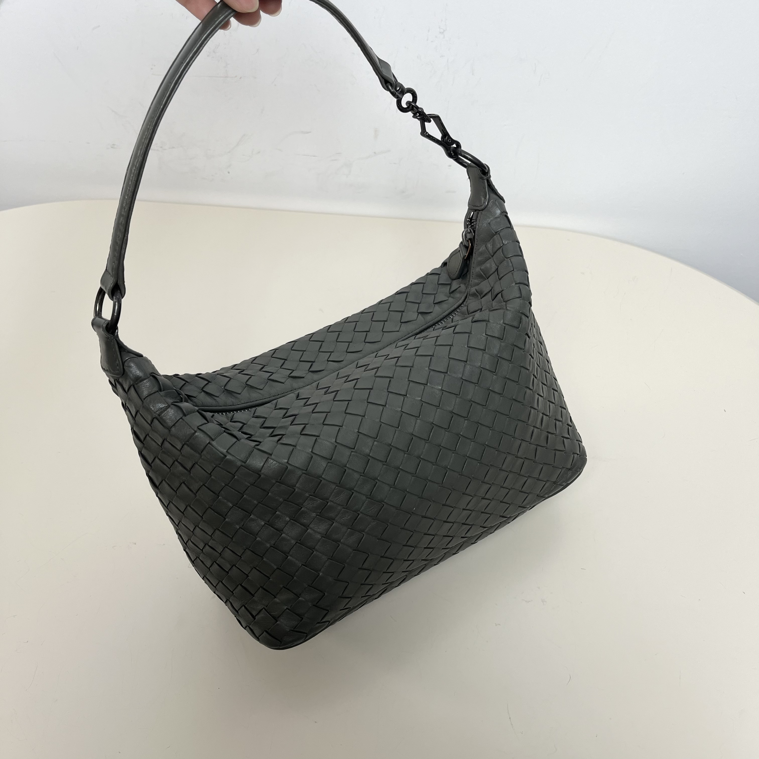 95新 BOTTEGA VENETA/葆蝶家 青灰色编织饭盒单肩斜挎包