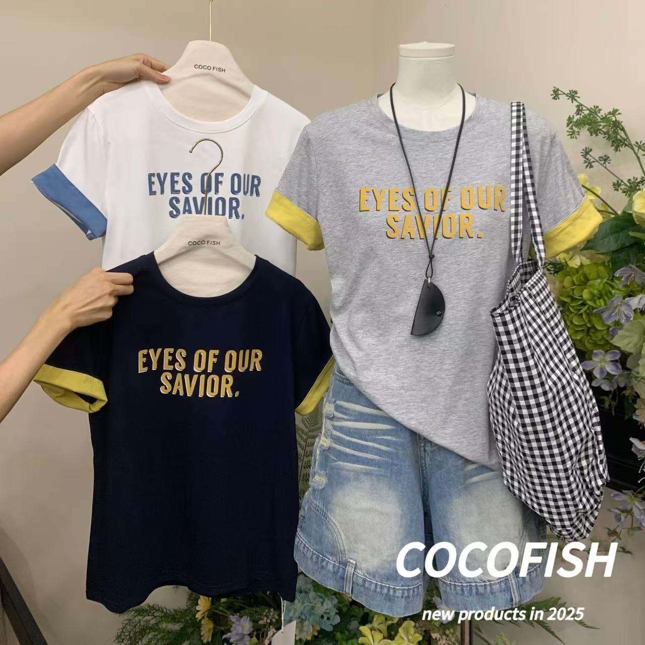 简约韩系撞色字母植绒短袖T恤#786