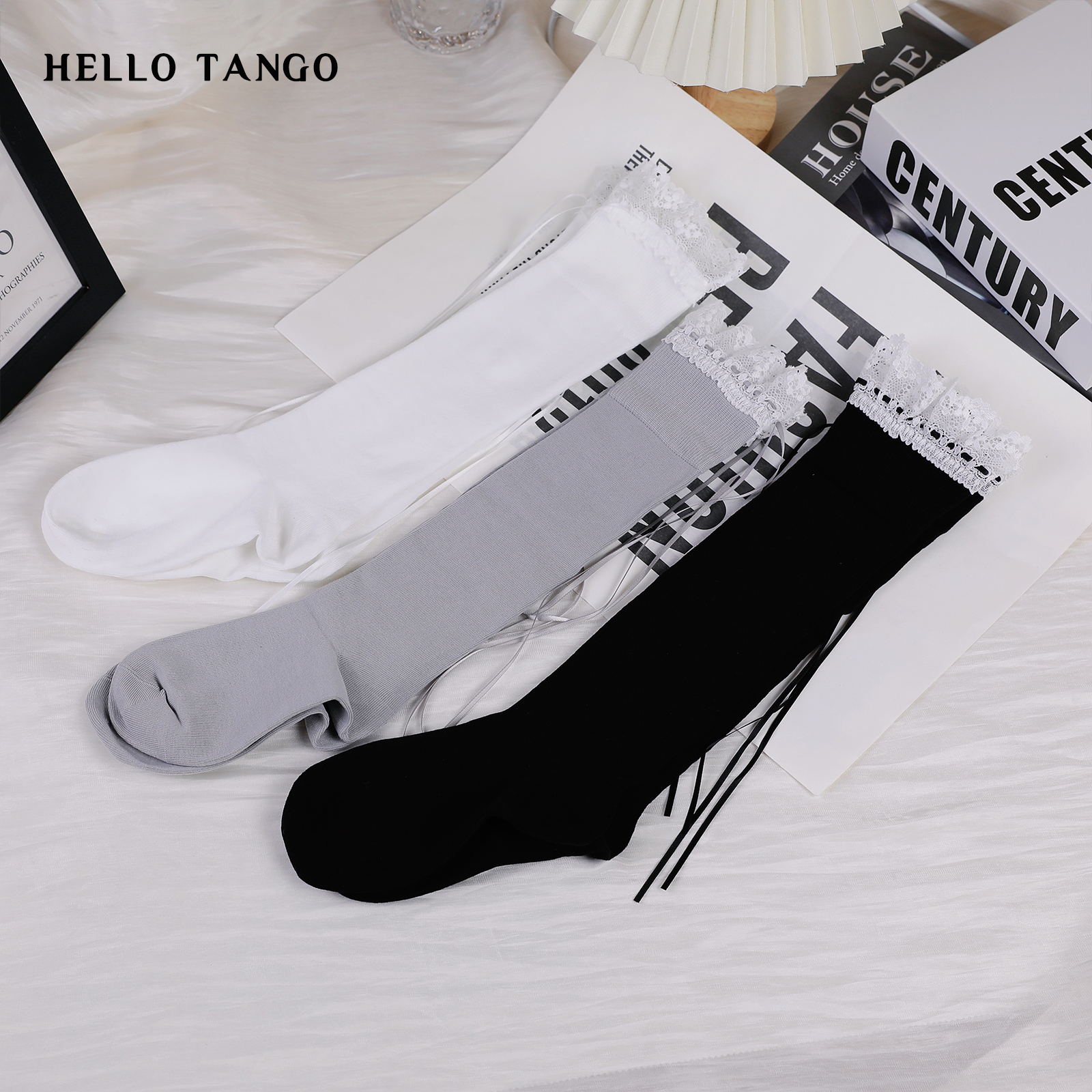 HELLOTANGO  DIY绑带设计拼接蕾丝花边小腿袜