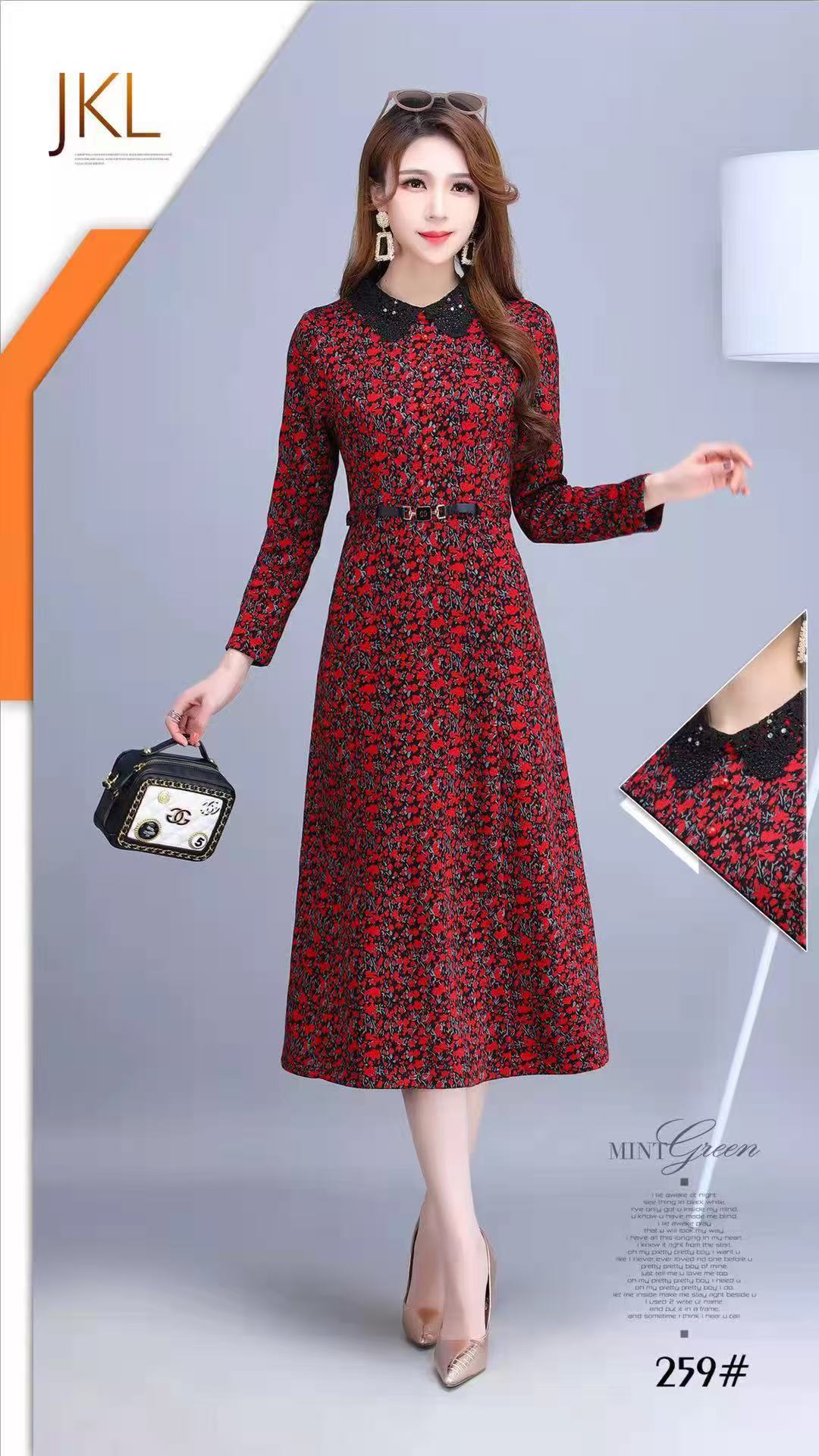 F1073 显瘦美拉德碎花连衣裙秋冬百搭