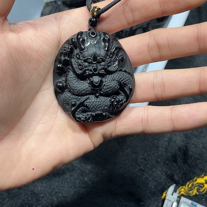 黑曜岩合金颈饰黑曜石大龙牌