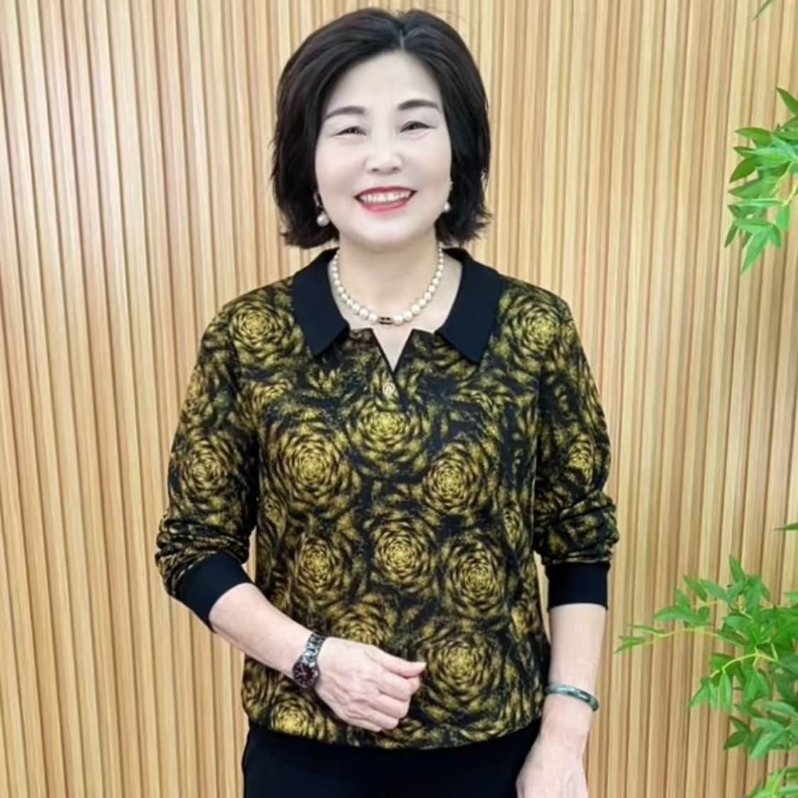 法式薄款常规长袖翻领中老年女装女装时尚印花春秋V1088