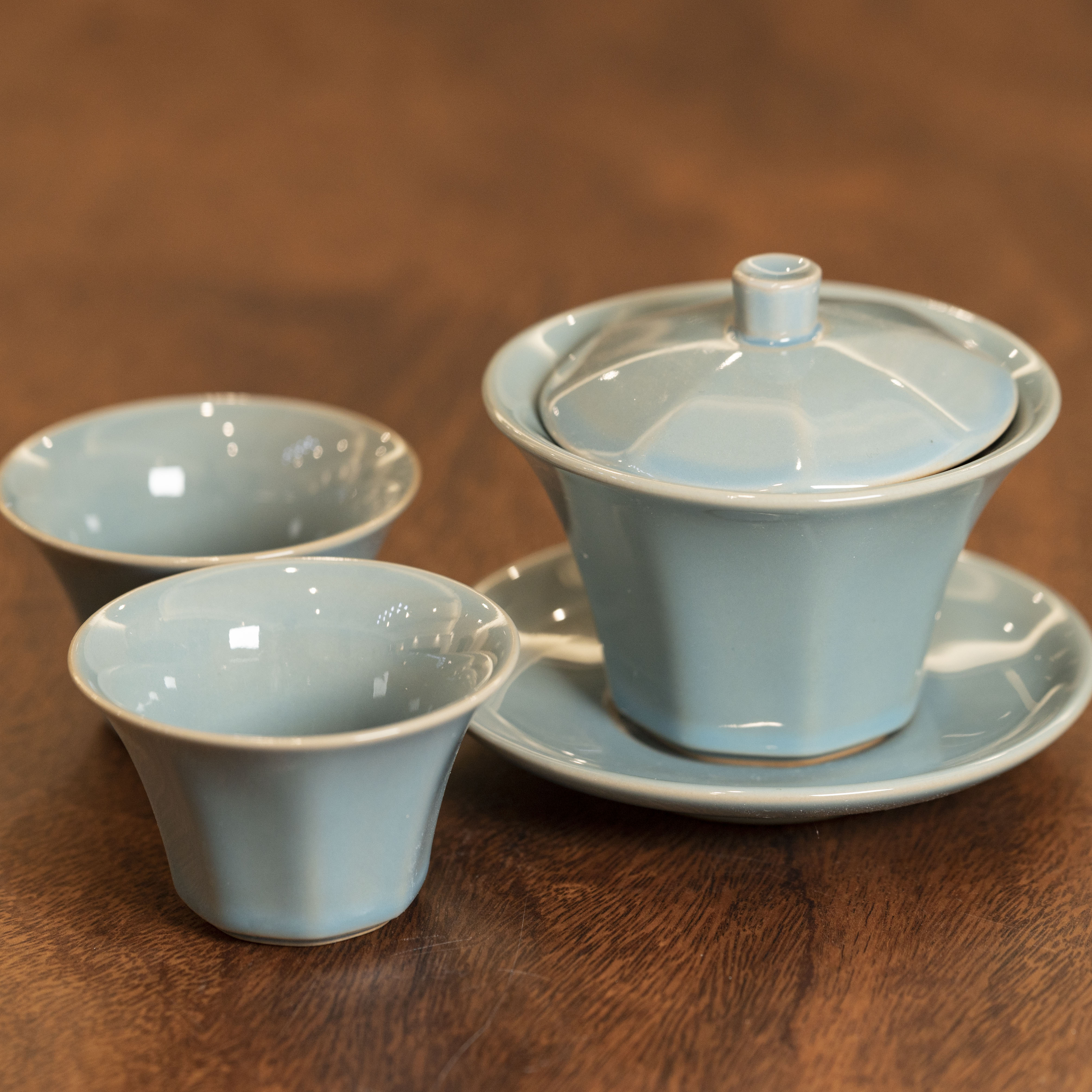 49号—天青色三才盖碗套装一碗二杯加茶盘