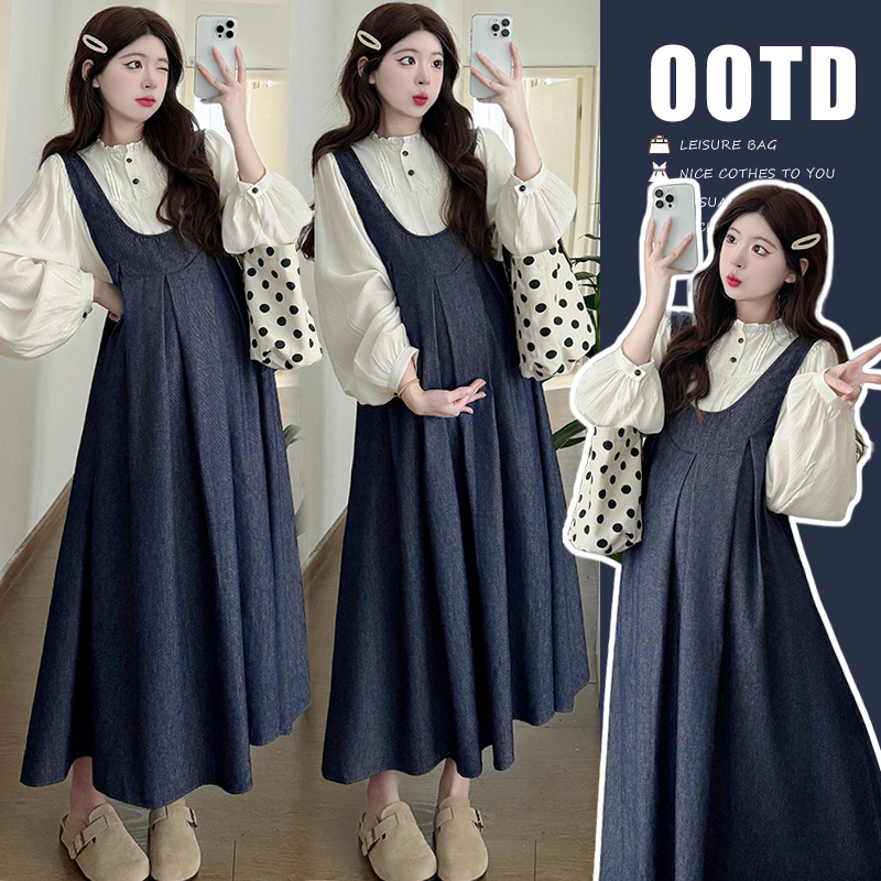 现货 春季新品韩版衬衣+牛仔背带裙 孕妇套装