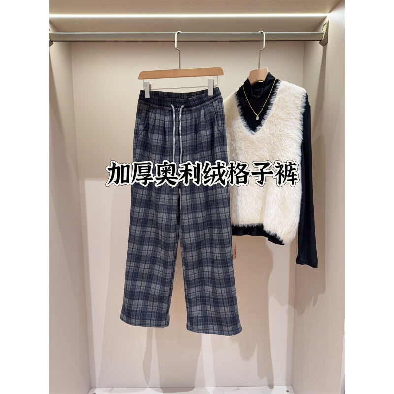 加绒复古磨毛格子阔腿裤松紧腰高腰宽松直筒裤休闲裤女