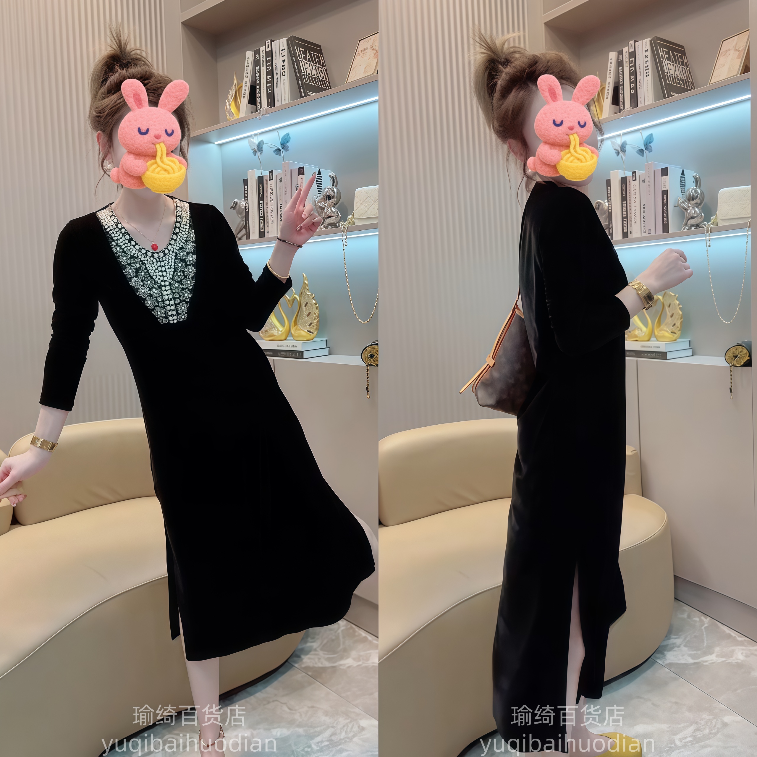 网红同款金丝绒连衣裙女2025年秋新款重工钉珠长袖显瘦中长款裙子