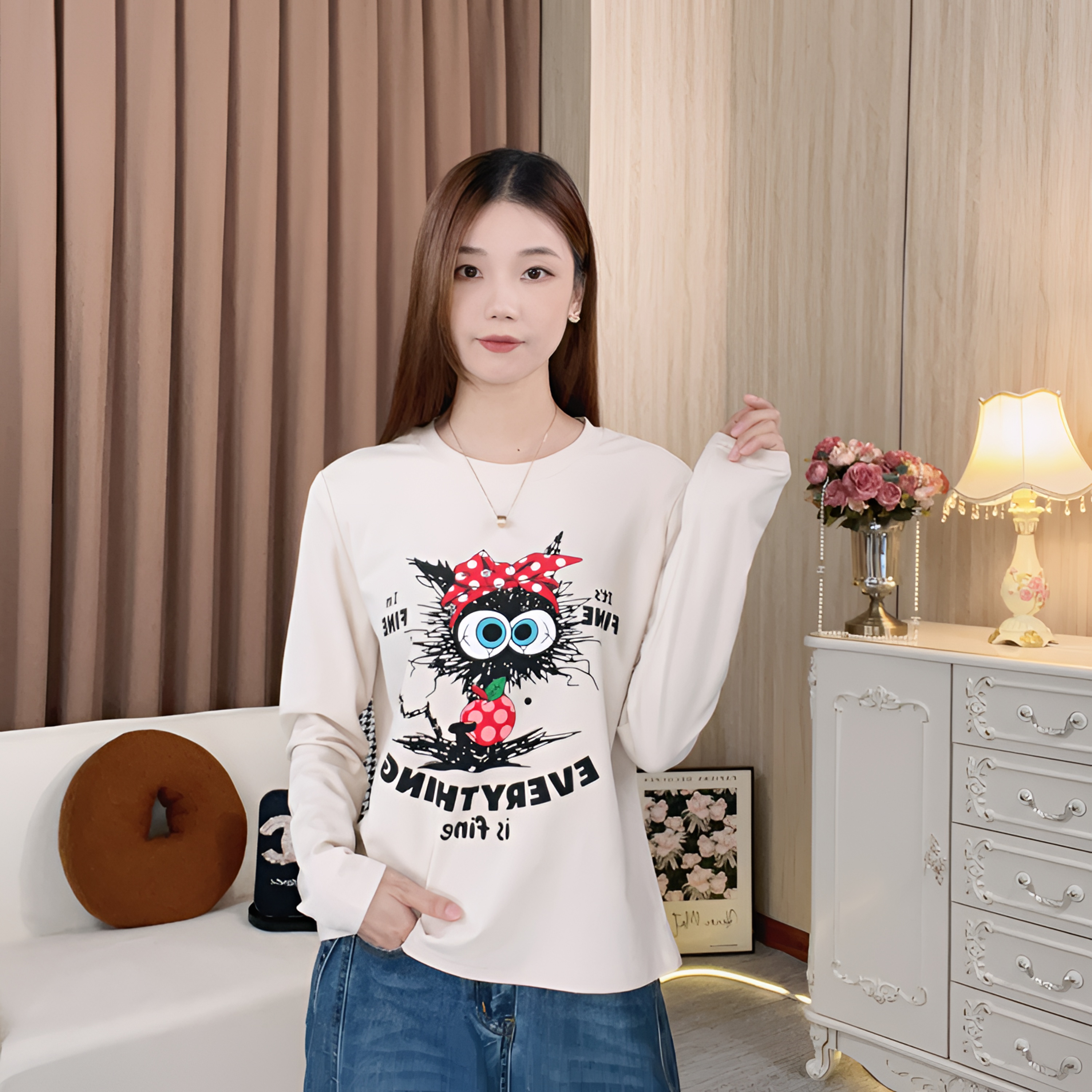 【乐天喵】欧美风秋冬新款长袖T恤女修身显瘦圆领百搭打底668D18