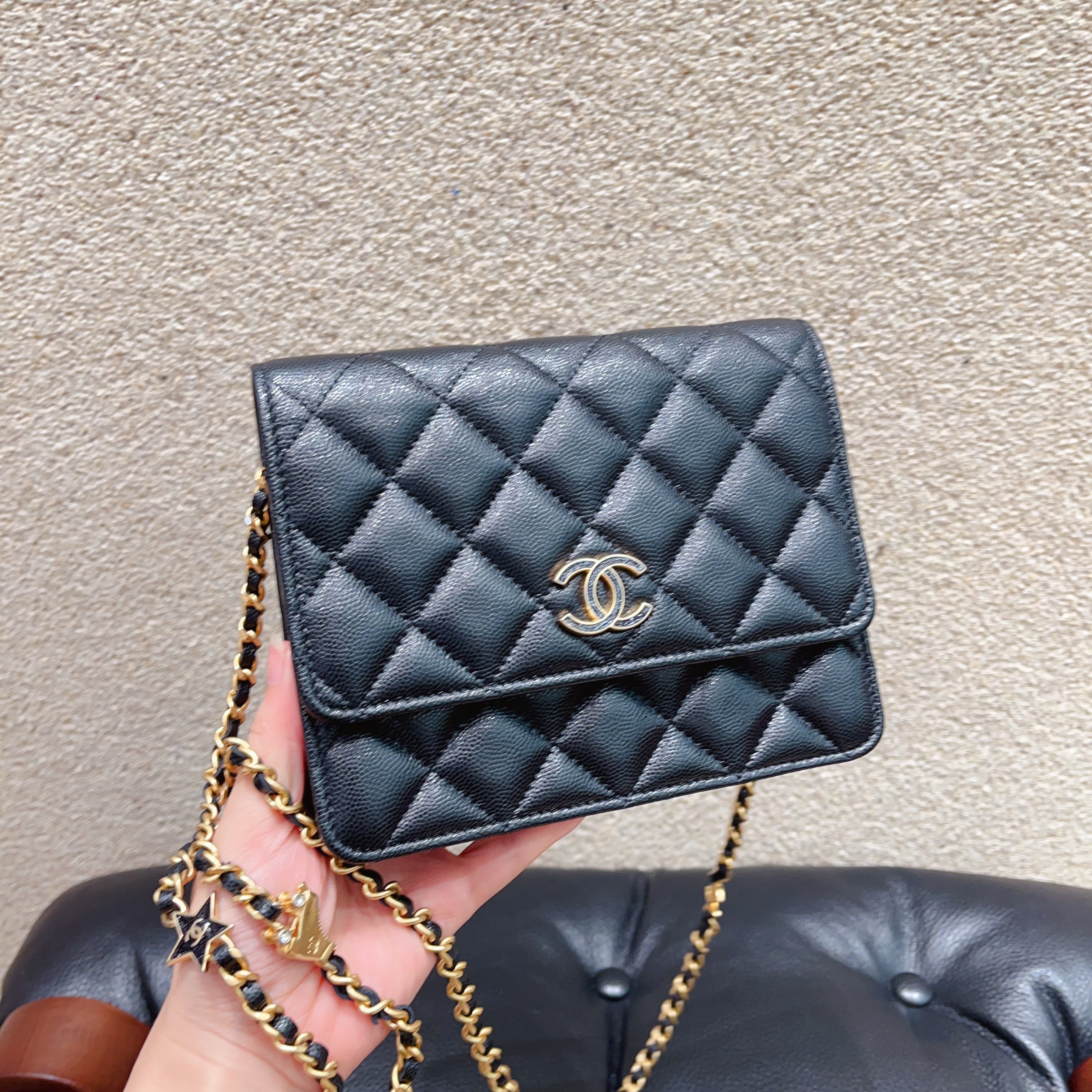99新 Chanel/香奈儿 黑金荔枝牛皮Woc 限定款链条单肩斜挎包