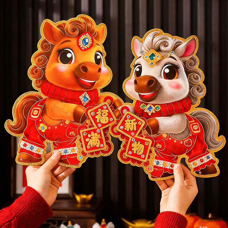生肖马年立体门贴植绒烫金工艺新年对贴