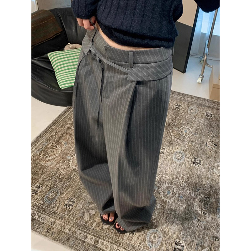 韩系宽松慵懒风灰色竖条纹西装阔腿长裤女2025新款秋季高腰直筒裤