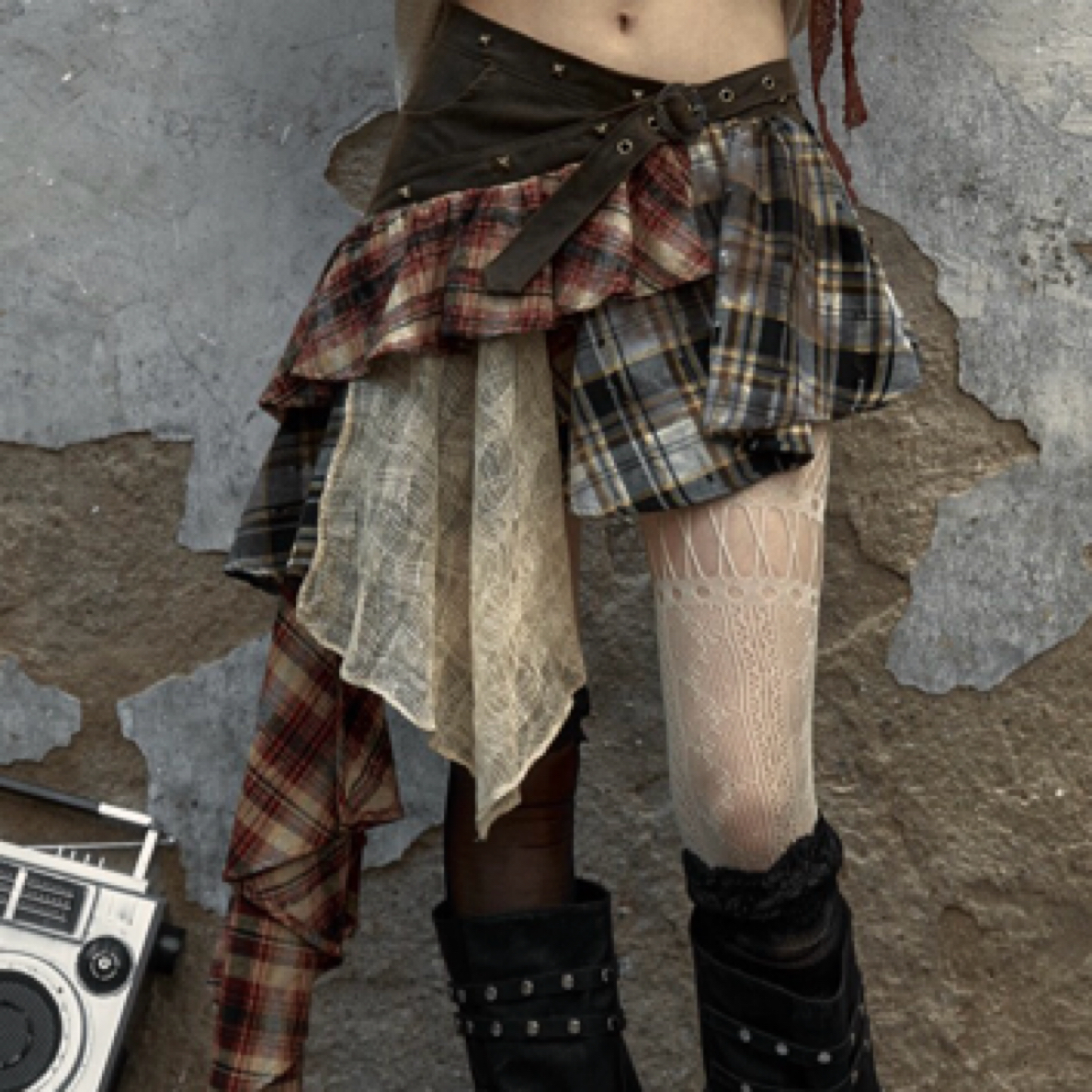【Huanghuang-Studio】敲酷的 拼接格子美式复古不规则半身裙