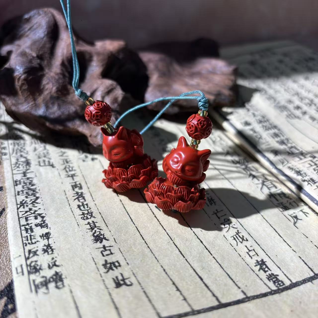 含辰砂工艺品朱砂莲花凤九挂件*（多样性发一件）