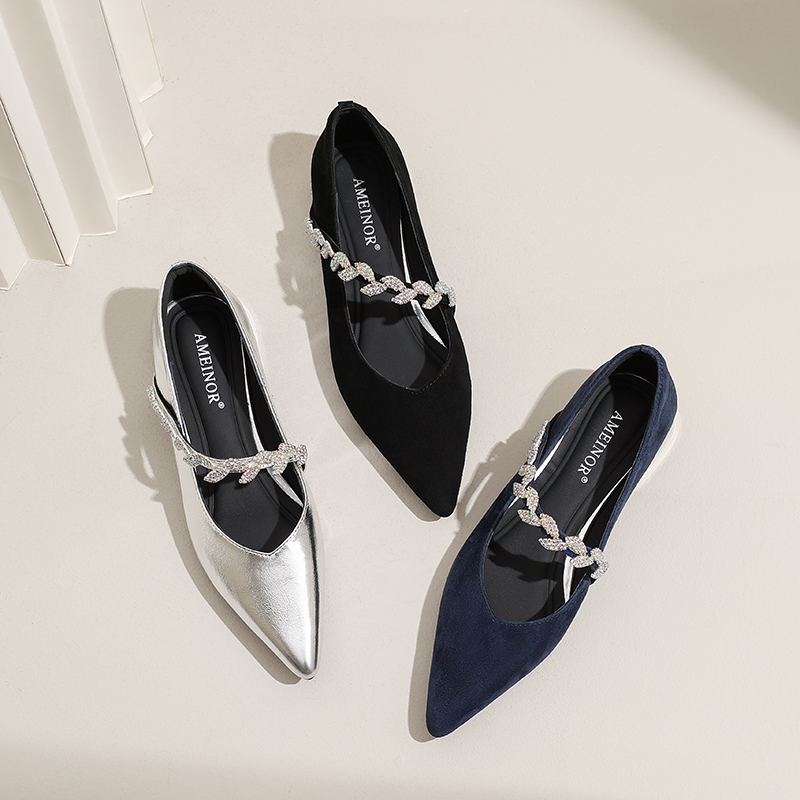 AMEINOR2025夏季新款法式优雅尖头水钻链条真皮低跟女士单鞋0001