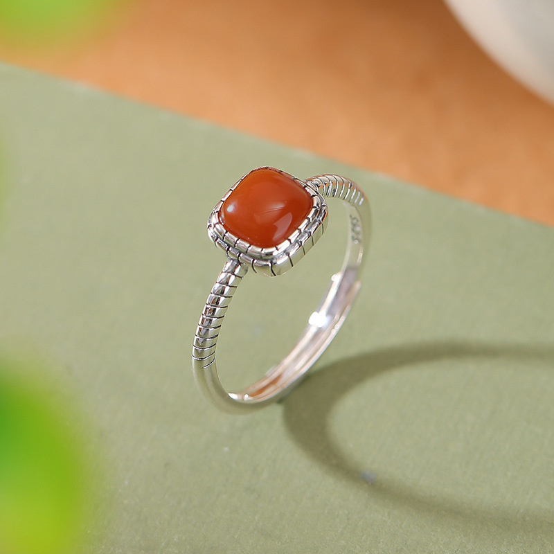 S925银戒指镶嵌南红复古做旧民族风简约小方糖戒指几何方形银指环