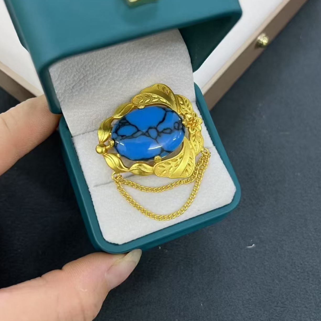 铜合金锆石胸针 坠链胸针民族风蓝色