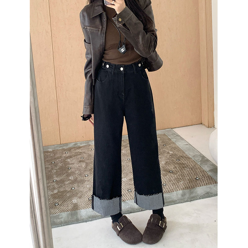 大码女装新款设计感卷边烟管牛仔裤秋冬加绒高腰遮肉显瘦九分裤子