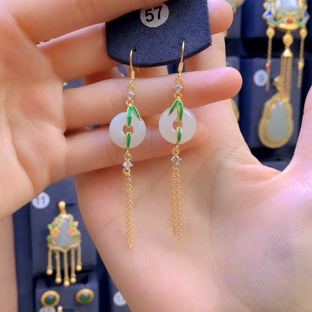 和田玉耳饰银S925镀金镶嵌