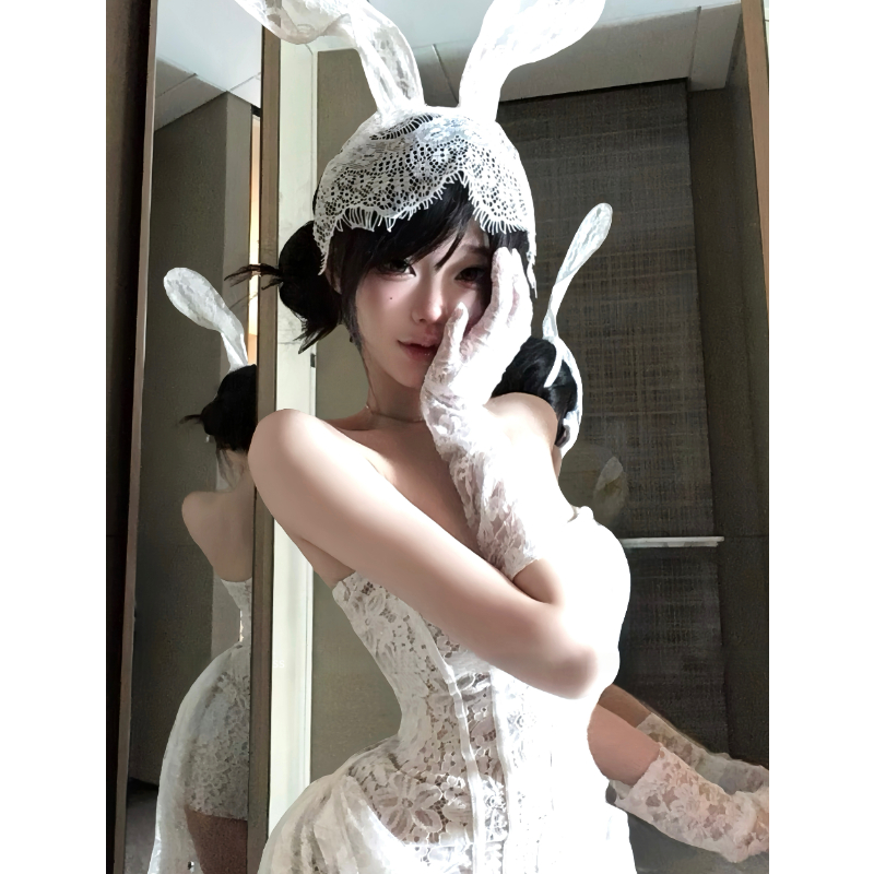 Rose*纯白花嫁*大码*性感蕾丝绑带修身网纱抹胸包臀短裙