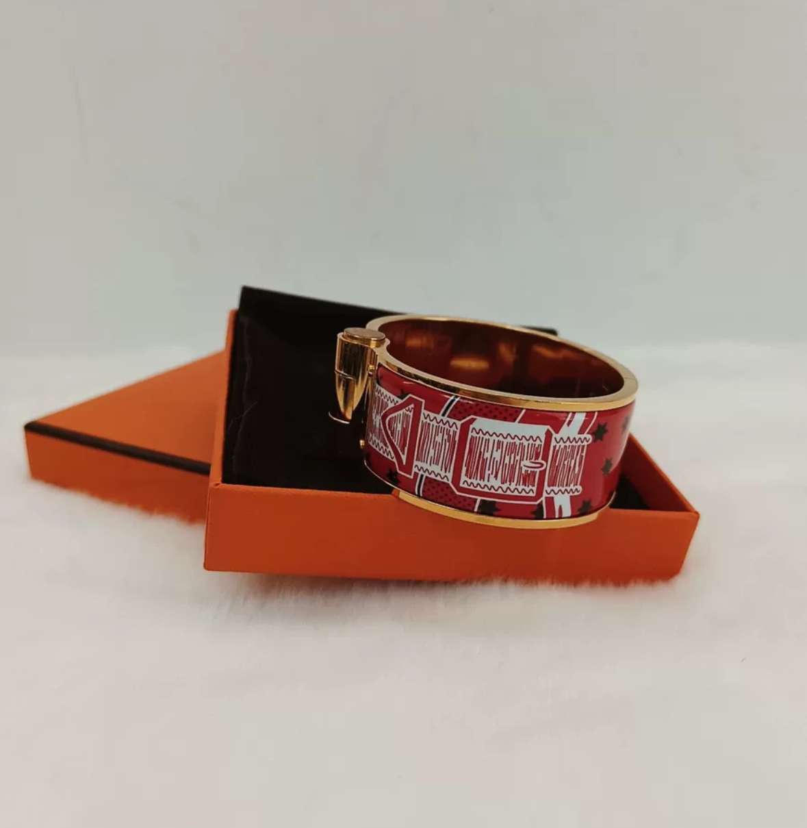99新 Hermes/爱马仕 红色花纹手镯 