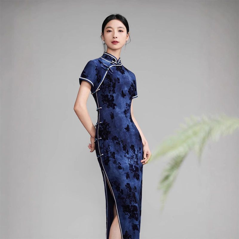 复古中国风长款植绒旗袍中老年妈妈修身显瘦连衣裙