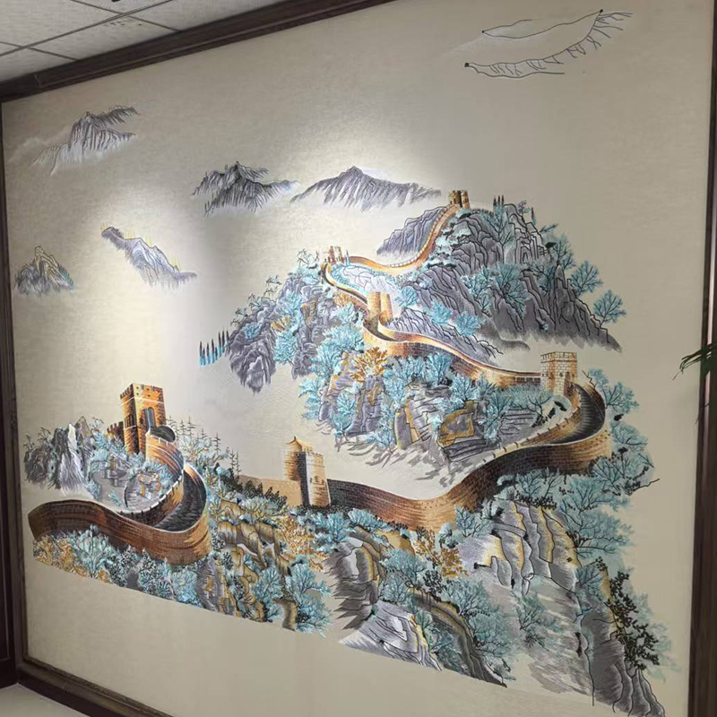 新中式独绣刺绣客厅背景墙长城墙布客厅电视背景高端无缝壁布卧室