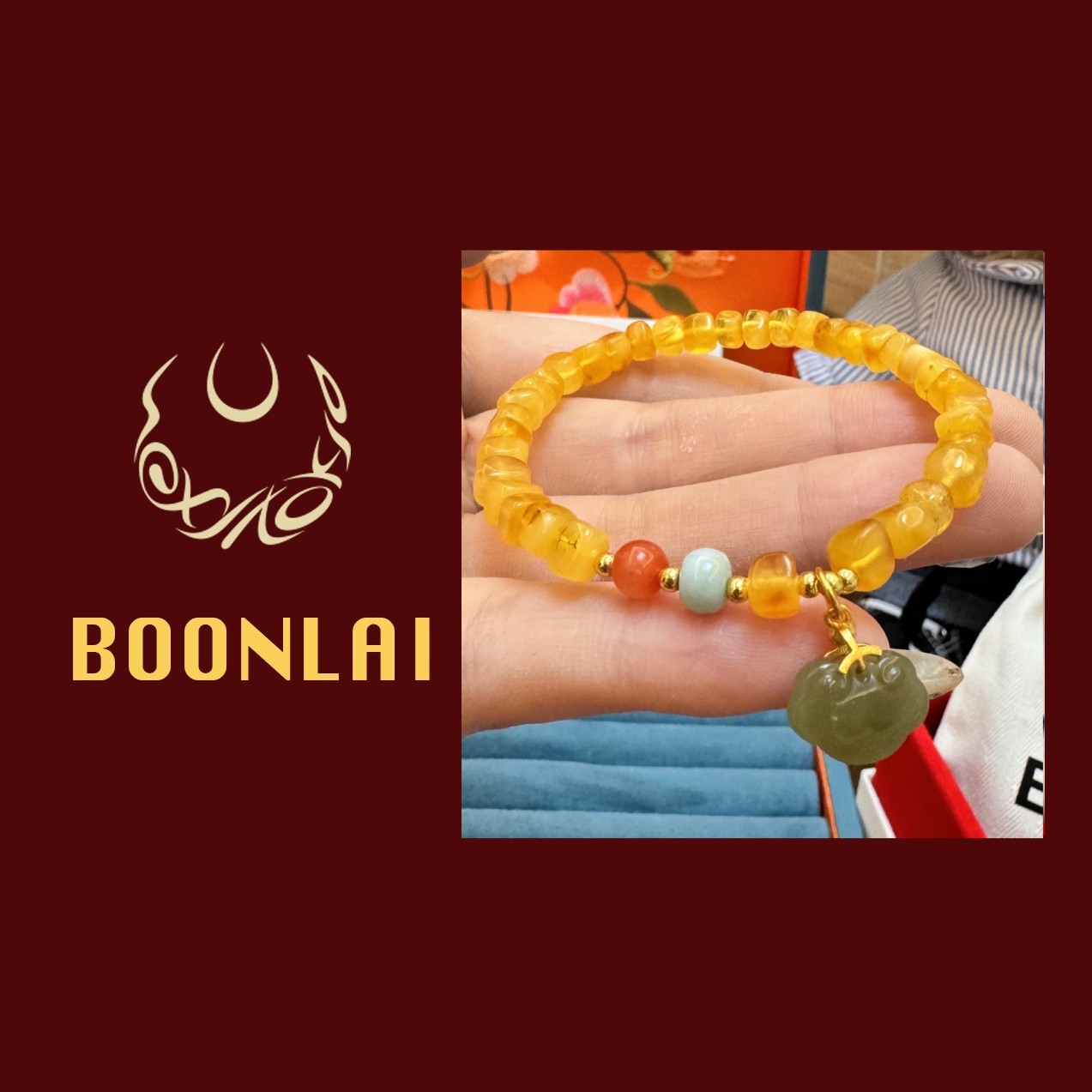 铜合金莫桑石手链 Boonlai 如意锁黄色珠珠手串1474