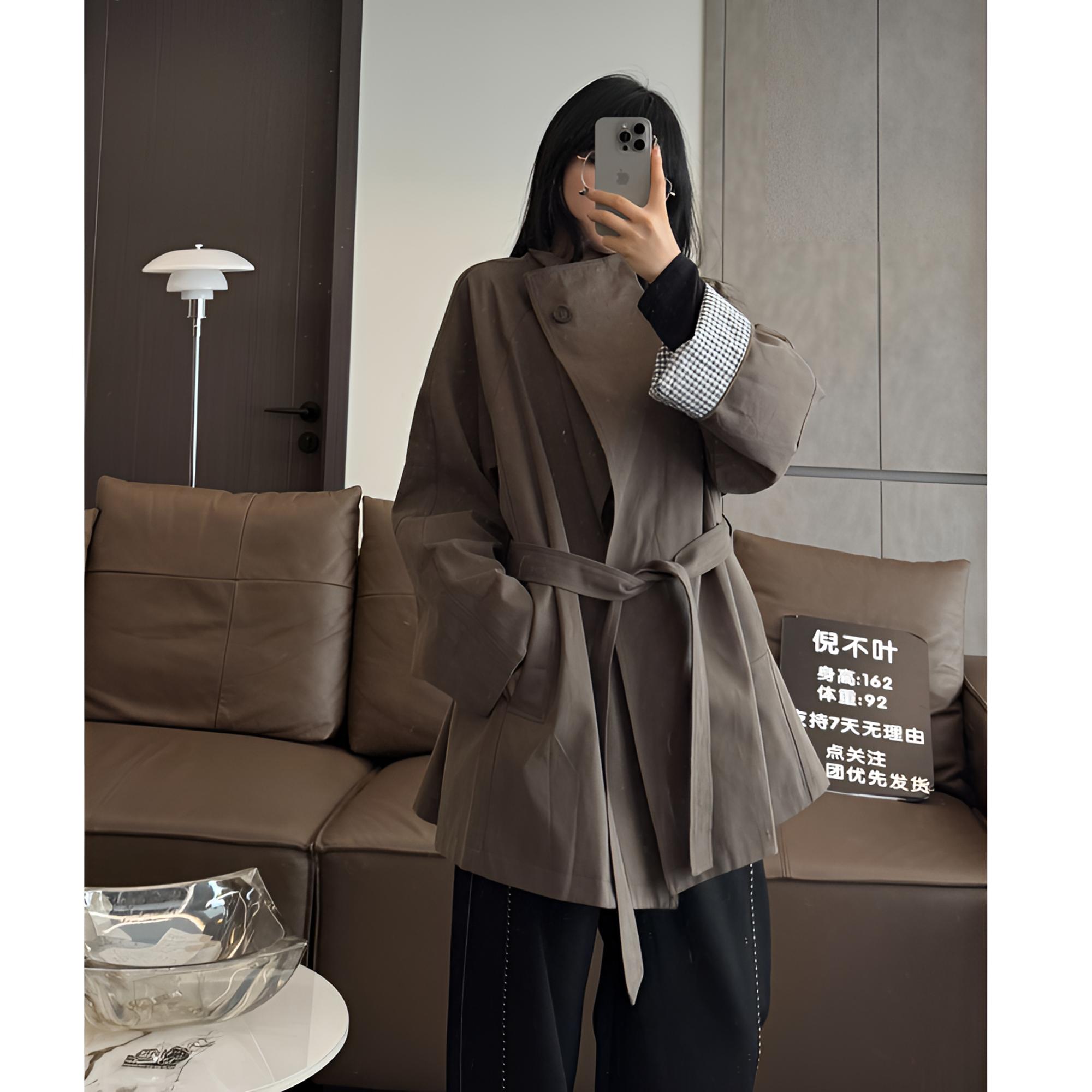 倪不叶【中长款风衣】翻领轻职风短款女秋季宽松不规则时尚上衣