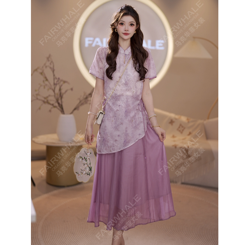 【套装】马克华菲女装国风套装气质提花复古舒适小衫半身裙两件套 X