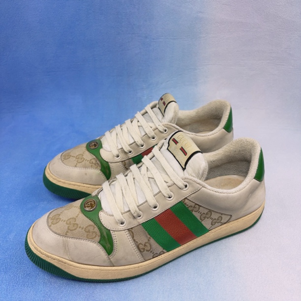 95新 GUCCI/古驰 44码/双G珐琅 经典款老花白绿刺绣 脏脏鞋
