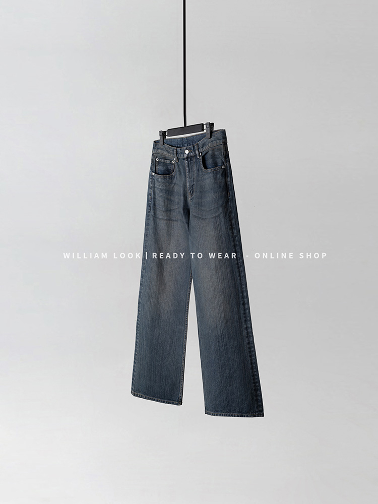 威廉威 男女同款【做旧】13.5oz雨纹高定直筒立体剪裁牛仔裤E1098