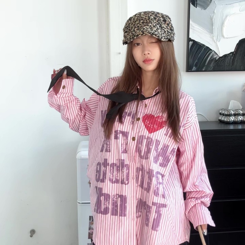 3KS美式ins小众字母衬衫条纹长袖上衣CS2524