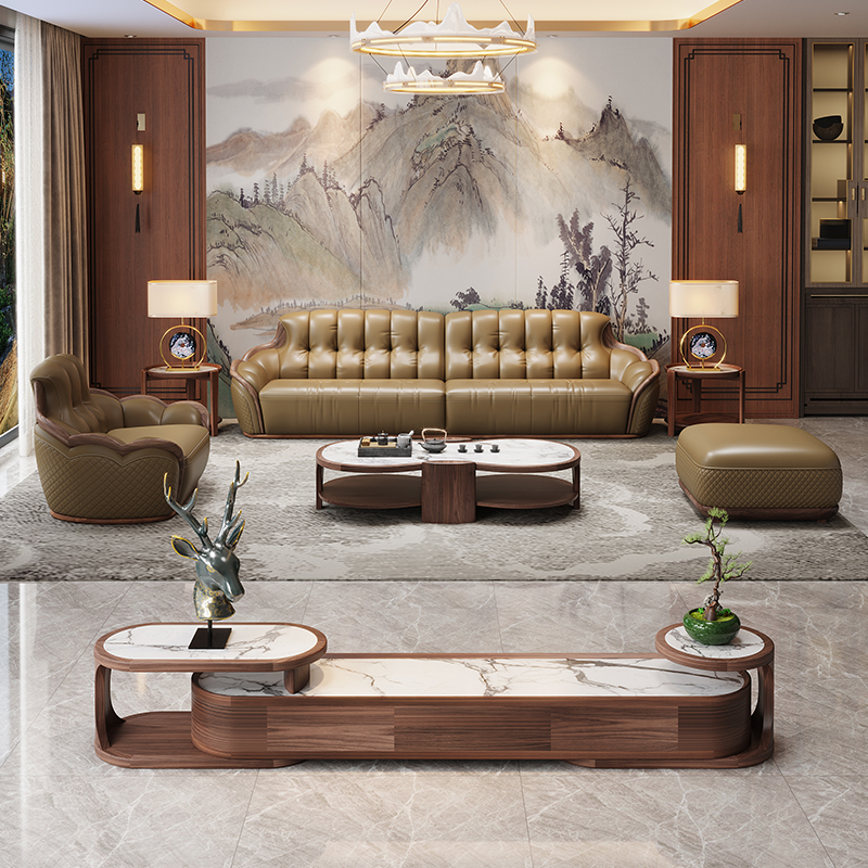 华夫格沙发乌金木真皮头层牛皮3米直排沙发黑胡桃色极简风轻奢