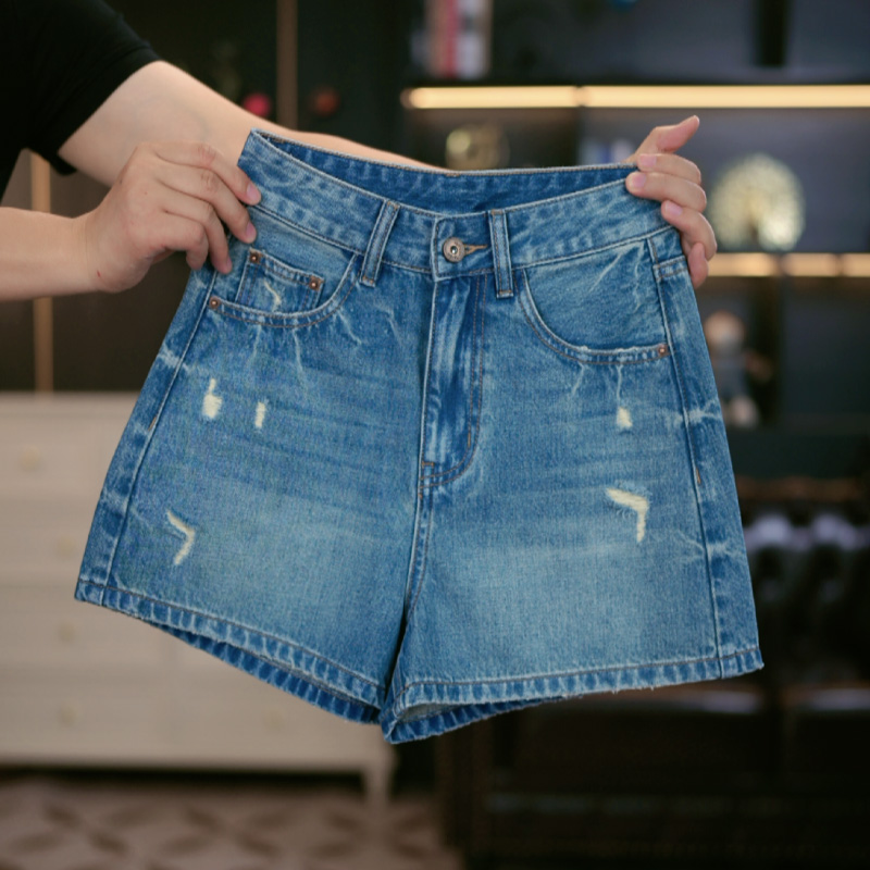 【湖水蓝】三分猫爪纹夏季三分高腰A子版显瘦薄款百搭牛仔裤