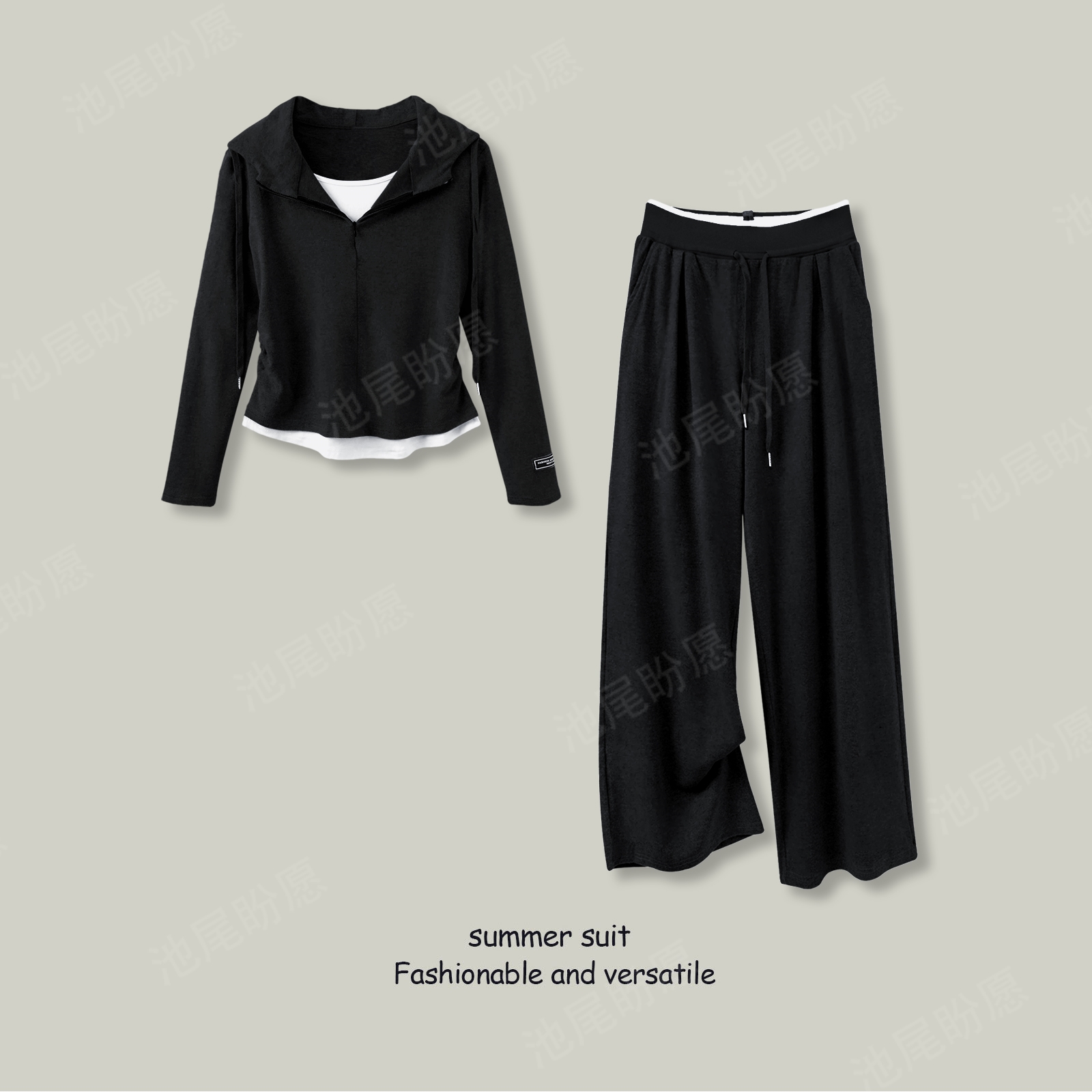 新款连帽开衫假两件长裤2025秋季时尚休闲套装女显瘦休闲百搭套装