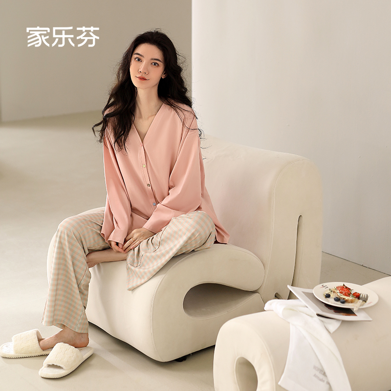 家乐芬睡衣女士春秋款秋季纯棉家居服大码长袖可外穿V领休闲套装
