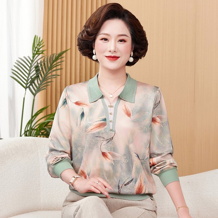 妈妈秋季新款洋气长袖T恤小衫软糯中老年女装翻领打底衫奶奶上衣H