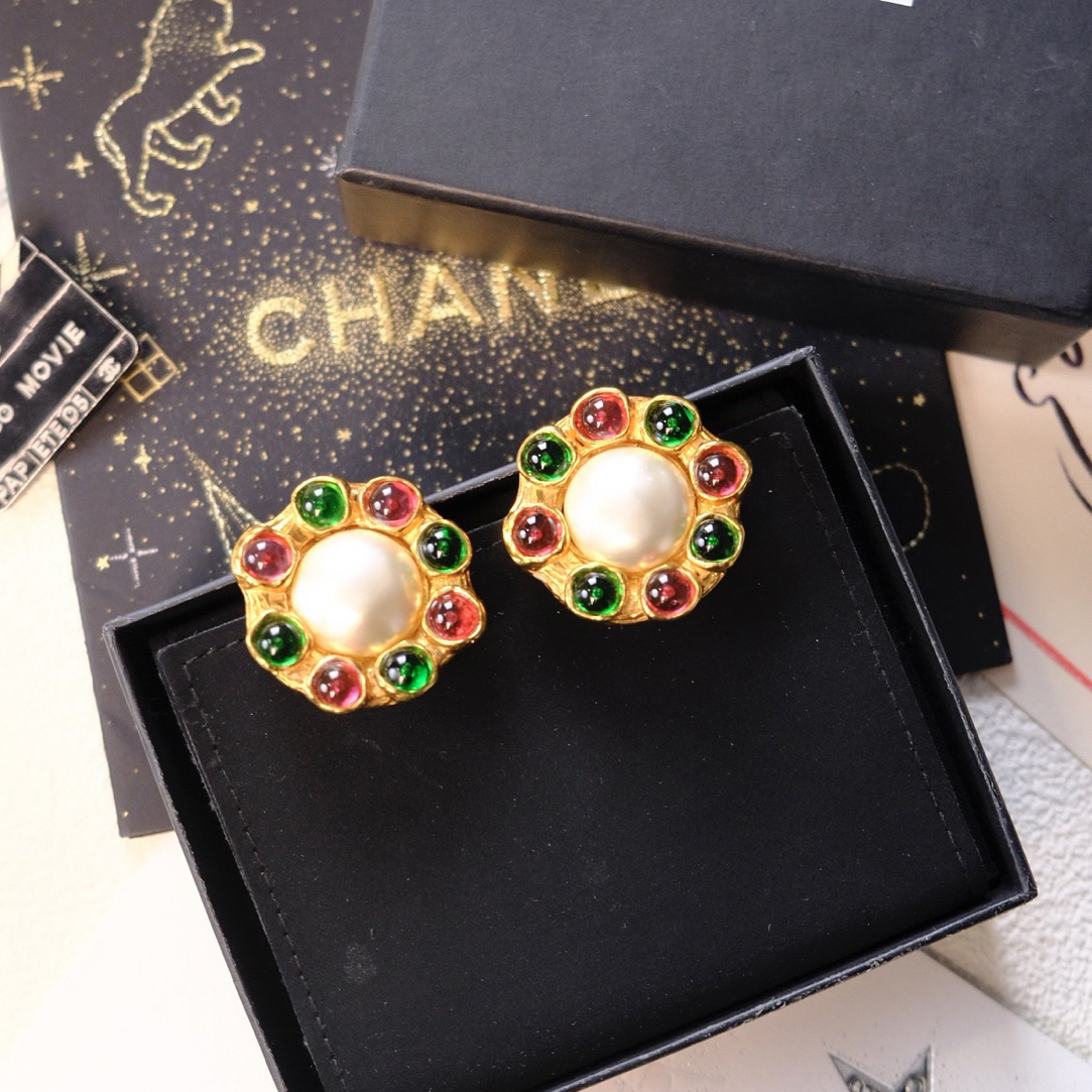 95新 Chanel/香奈儿 泡泡中古Chanel红绿珍珠耳夹