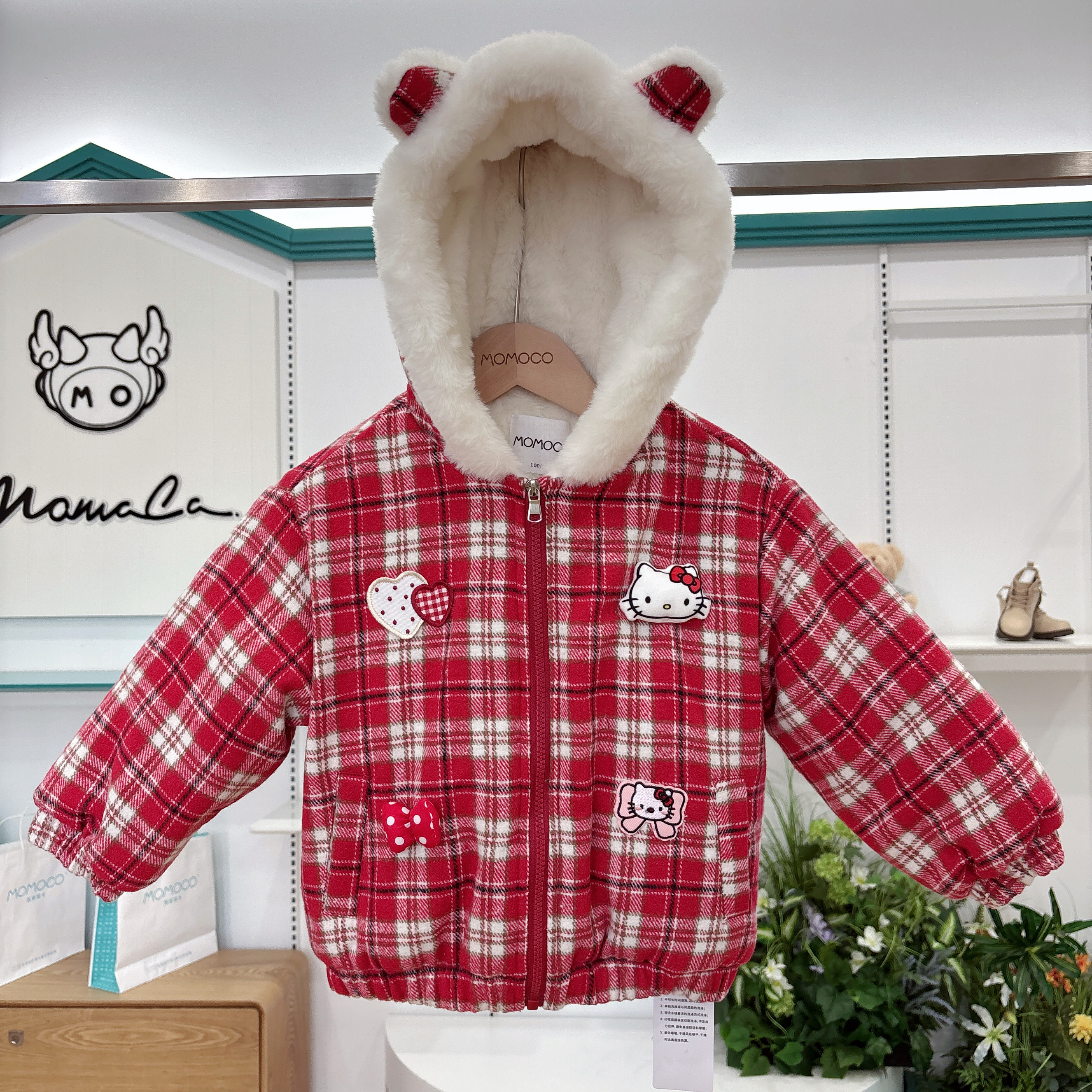 MOMOCO女童冬季新款加绒加厚甜美爱心蝴蝶结格子连帽棉服DSM5188M