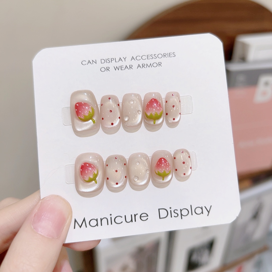 【奶油草莓 】手工猫眼 定制美甲贴片10片装 立体可爱半手工