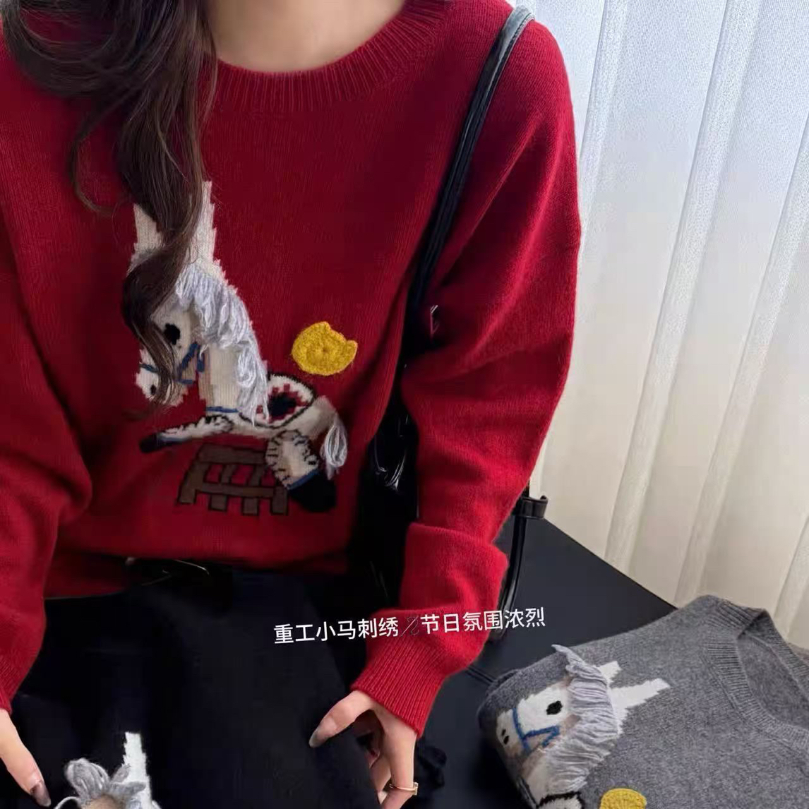 TYZ-25203秋冬新款小马圆领套头羊毛针织衫女宽松百搭打底毛衣