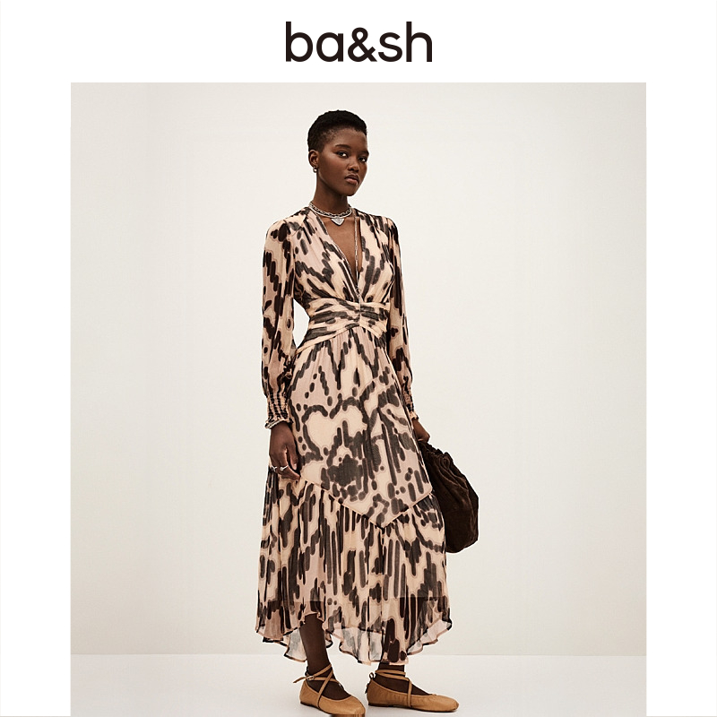 【流光风】ba&sh2025新款秋季法式波西米亚风V领长袖连衣裙1H25AMOR