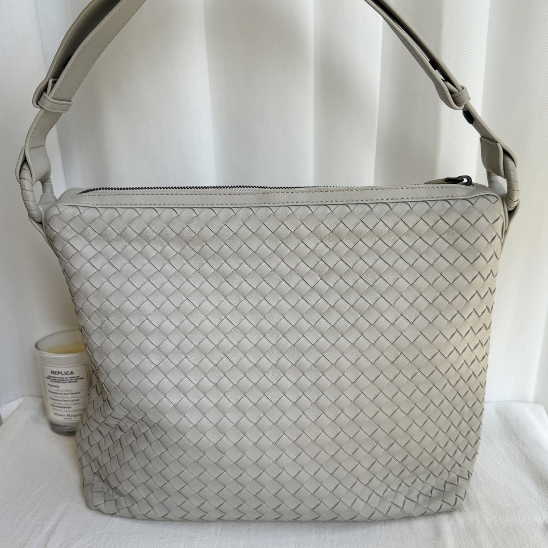 99新 BOTTEGA VENETA/葆蝶家 BV灰色编织大号饭盒包单肩斜挎包