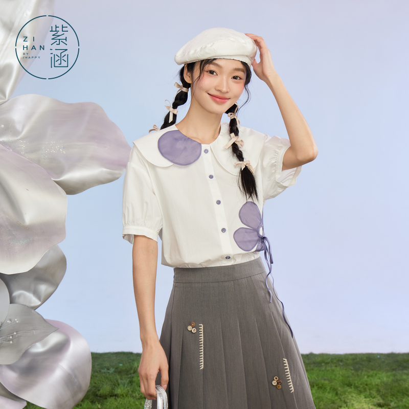 紫涵娃娃领短袖衬衫女风减龄花朵宽松衬衣Z4Z04BS321