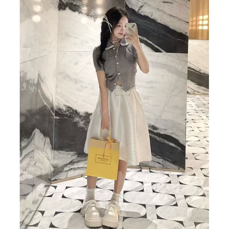 YOYOUNA温柔miu系！娃娃领钉珠短袖针织开衫薄款冰丝针织衫25夏