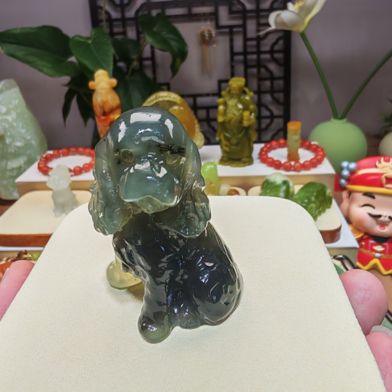 天然岫玉水墨小狗旺财，高5cm左右，属相送礼，办公室茶宠礼品配礼盒